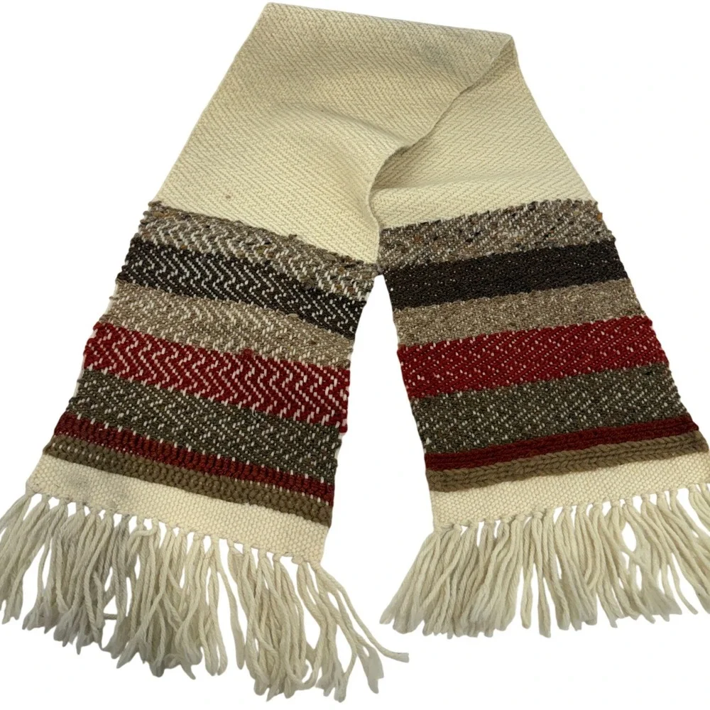 Vintage Handwoven Wool Runner Scarf Stiff Textured Striped Fringe Cream 49in